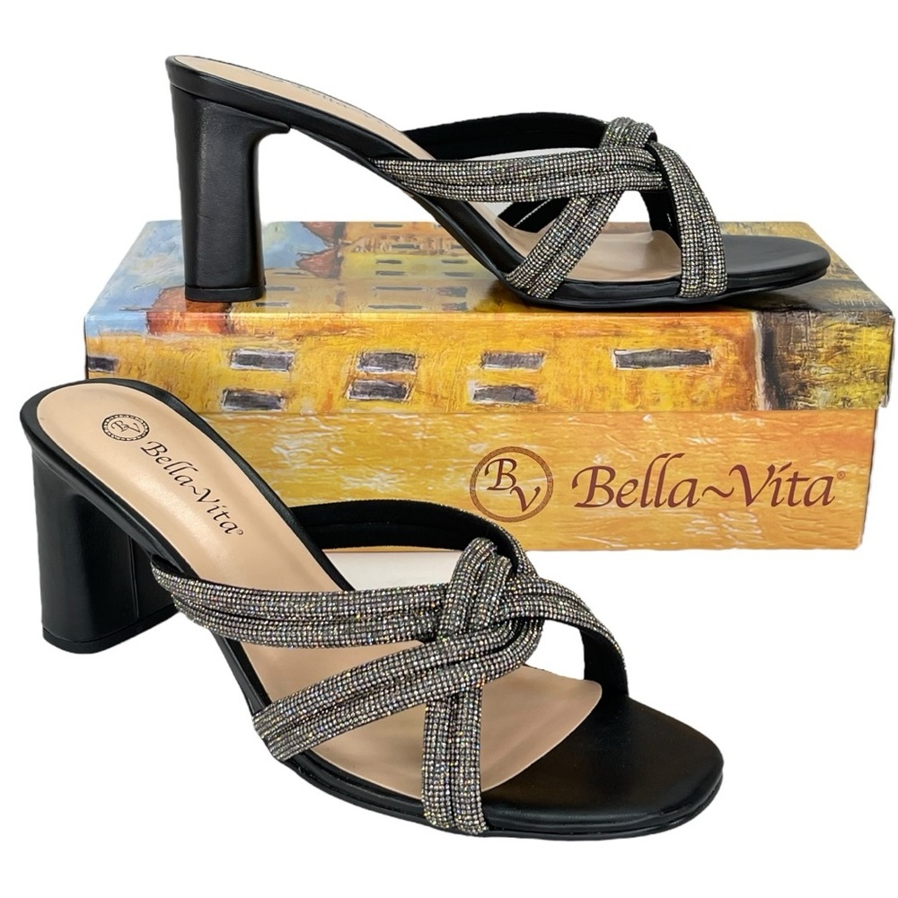Bella Vita Carmen Black Rhinestone Strappy Womens Heeled Sandals Size 7.5N